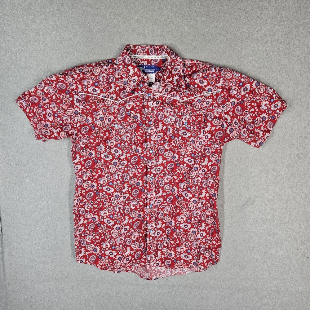 Cowboy Hardware Men Button Up Shirt L  Red Exclusive Paisley Western Pearl Snap
